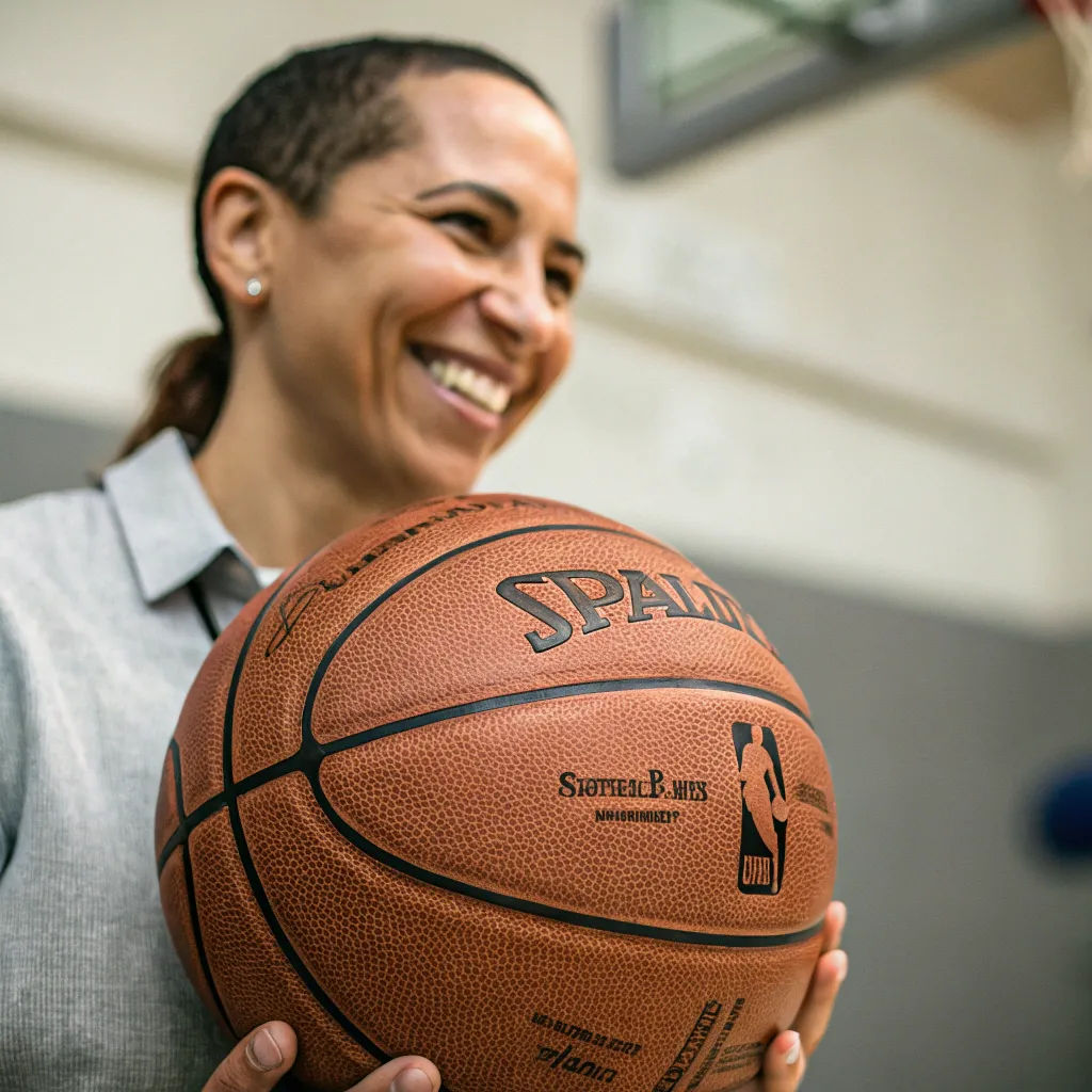 Customer smiling with a basketball